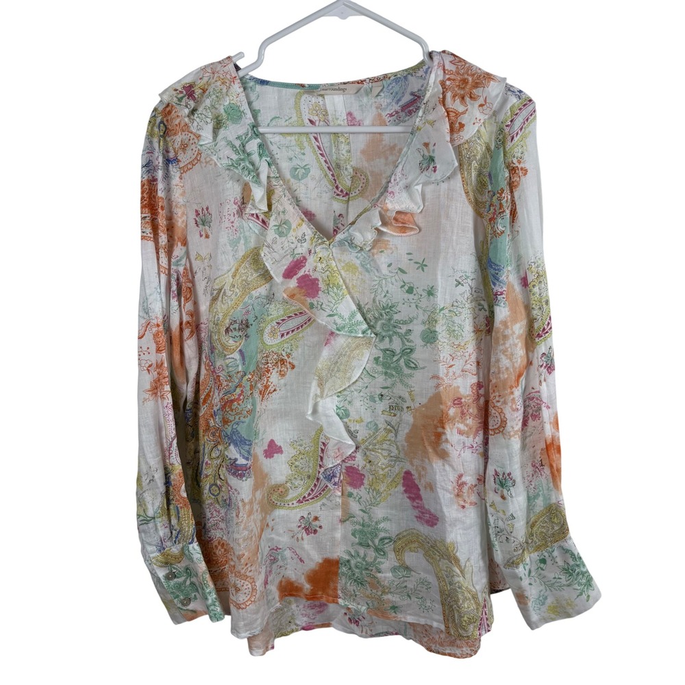 Soft Surroundings Linen Blouse Womens L Multi Pastel Ruffle Boho Cottage Coastal